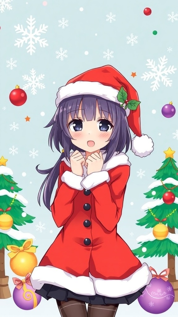 Kuromi in a Santa hat with Christmas decorations in a colorful wallpaper design.